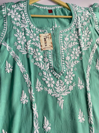 Sea Green Chikankari Kali Style Long Kurti - Famous Chikankari
