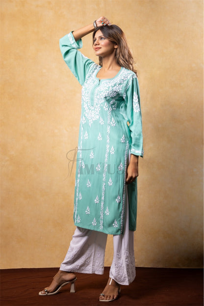 Sea Green Chikankari Kali Style Long Kurti - Famous Chikankari