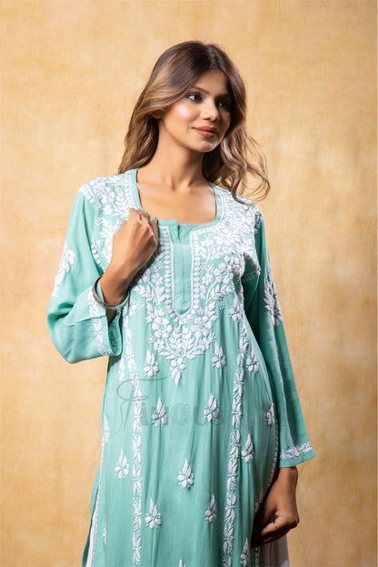 Sea Green Chikankari Kali Style Long Kurti - Famous Chikankari