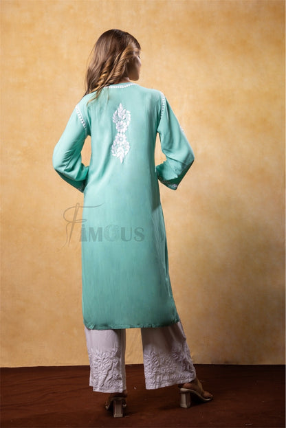 Sea Green Chikankari Kali Style Long Kurti - Famous Chikankari