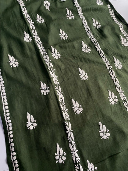 Bottle Green Chikankari Kali Style Long Kurti - Famous Chikankari