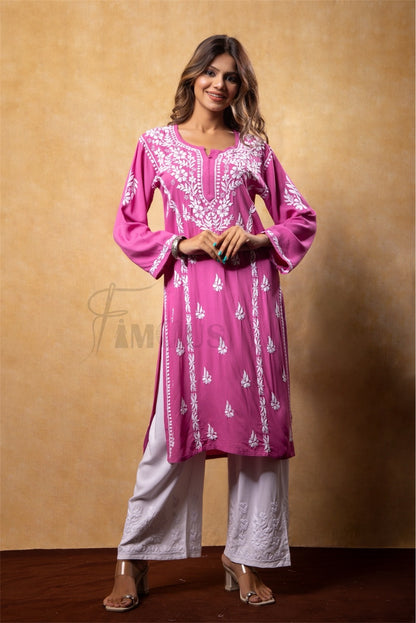 Magenta Chikankari Kali Style Long Kurti - Famous Chikankari