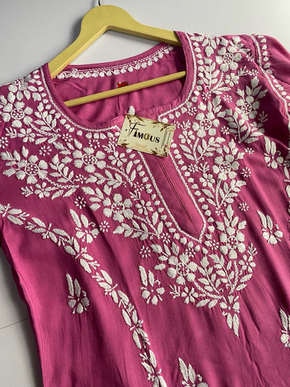 Magenta Chikankari Kali Style Long Kurti - Famous Chikankari
