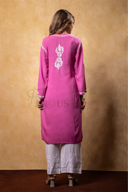 Magenta Chikankari Kali Style Long Kurti - Famous Chikankari
