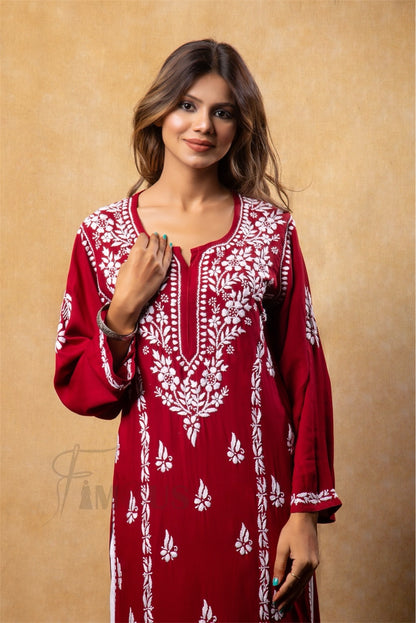 Maroon Chikankari Kali Style Long Kurti - Famous Chikankari