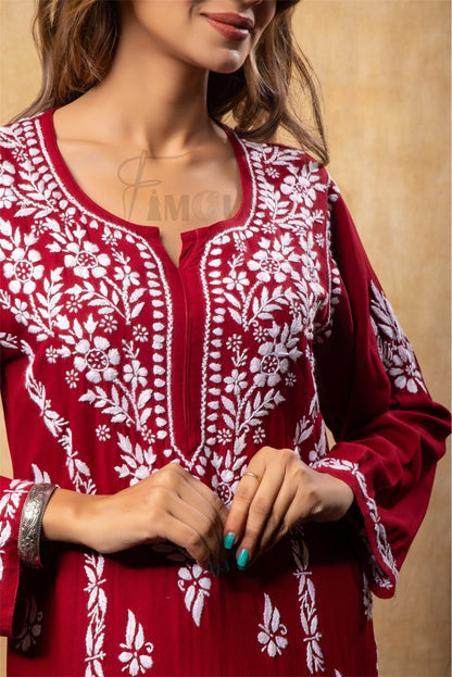 Maroon Chikankari Kali Style Long Kurti - Famous Chikankari