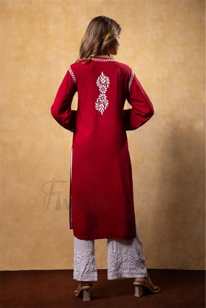 Maroon Chikankari Kali Style Long Kurti - Famous Chikankari