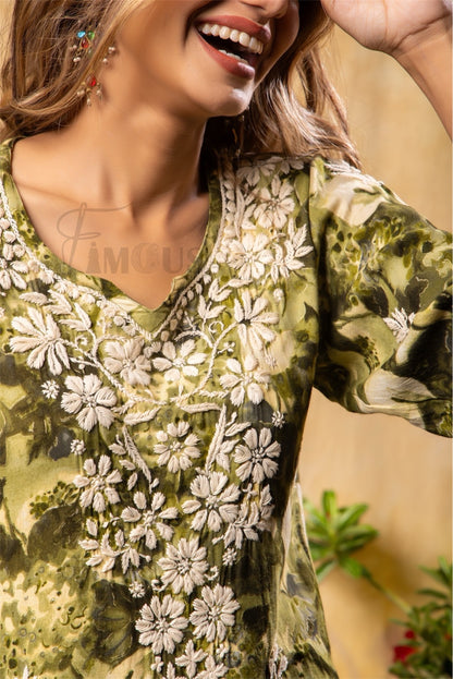 Reyon Gold Print Chikankari Straight Long Kurti- Mehndi Green - Famous Chikankari
