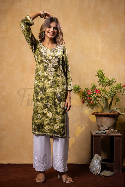 Reyon Gold Print Chikankari Straight Long Kurti- Mehndi Green - Famous Chikankari