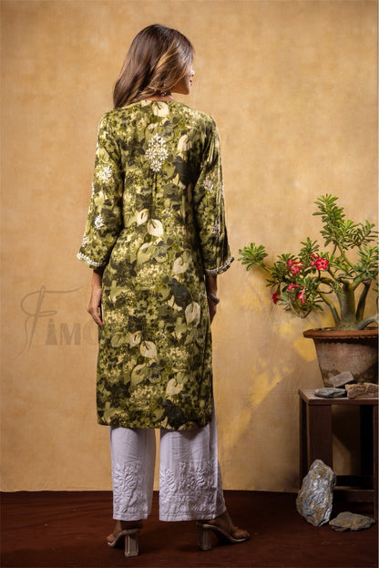 Reyon Gold Print Chikankari Straight Long Kurti- Mehndi Green - Famous Chikankari