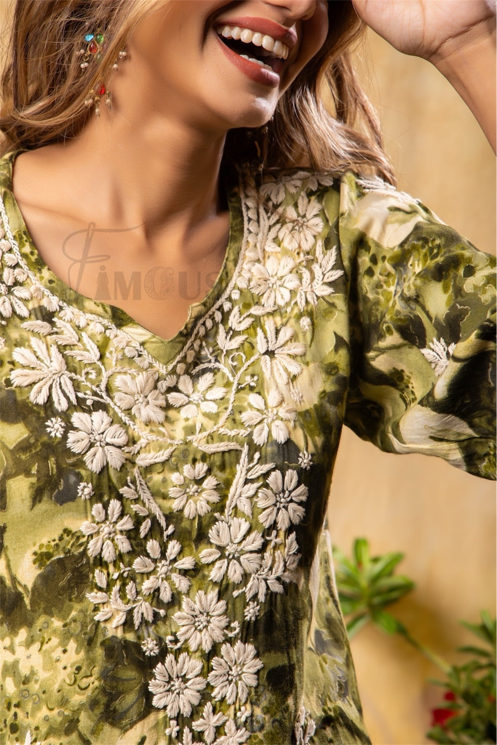 Reyon Gold Print Chikankari Straight Long Kurti- Mehndi Green