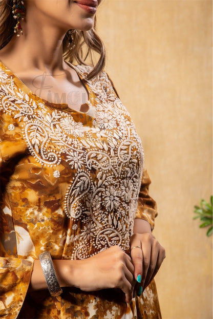 Reyon Gold Print Chikankari Straight Long Kurti- Mustard - Famous Chikankari