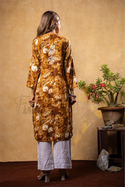 Reyon Gold Print Chikankari Straight Long Kurti- Mustard - Famous Chikankari