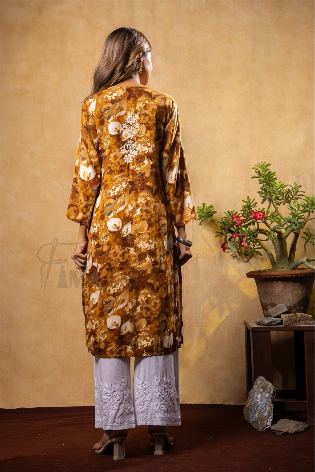 Reyon Gold Print Chikankari Straight Long Kurti- Mustard