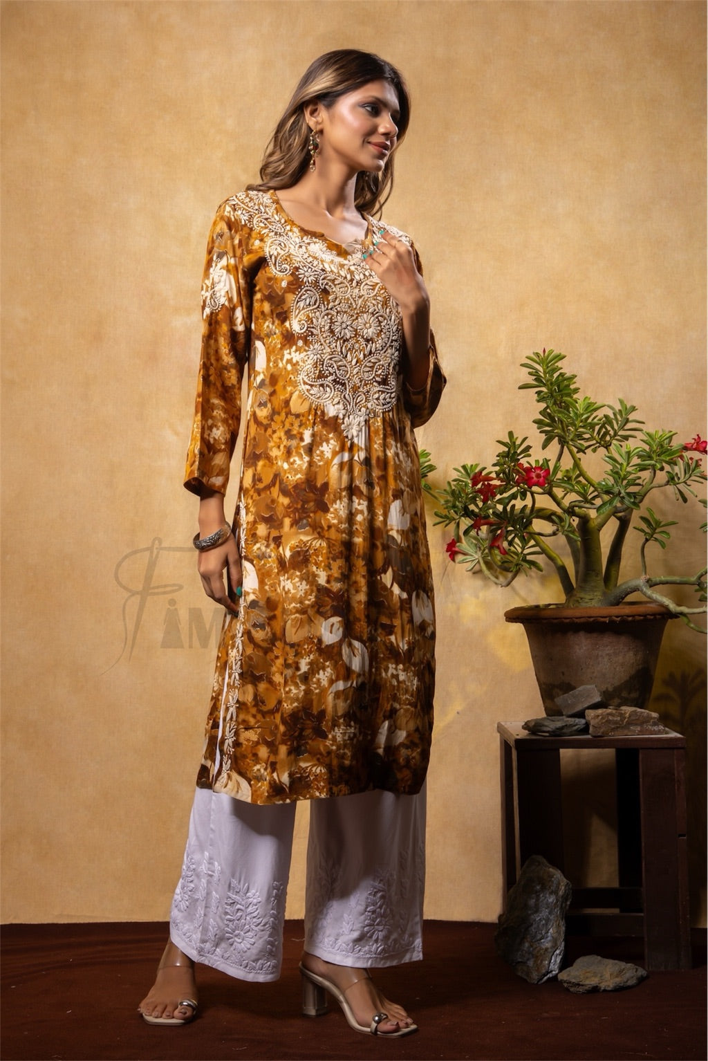 Reyon Gold Print Chikankari Straight Long Kurti- Mustard