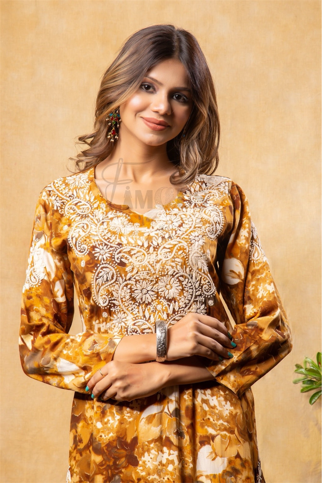 Reyon Gold Print Chikankari Straight Long Kurti- Mustard
