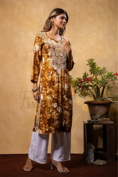 Reyon Gold Print Chikankari Straight Long Kurti- Mustard - Famous Chikankari