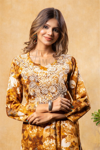 Reyon Gold Print Chikankari Straight Long Kurti- Mustard - Famous Chikankari