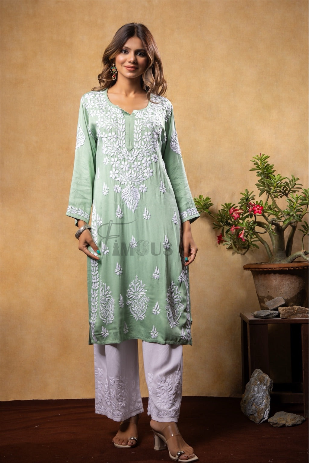Sea Green Chikankari Satin Reyon Long Kurti