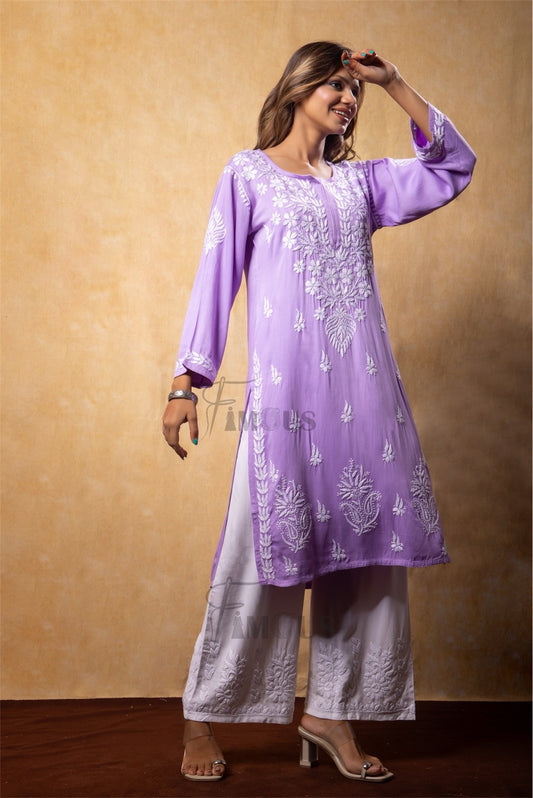 Lilac Chikankari Satin Reyon Long Kurti - Famous Chikankari