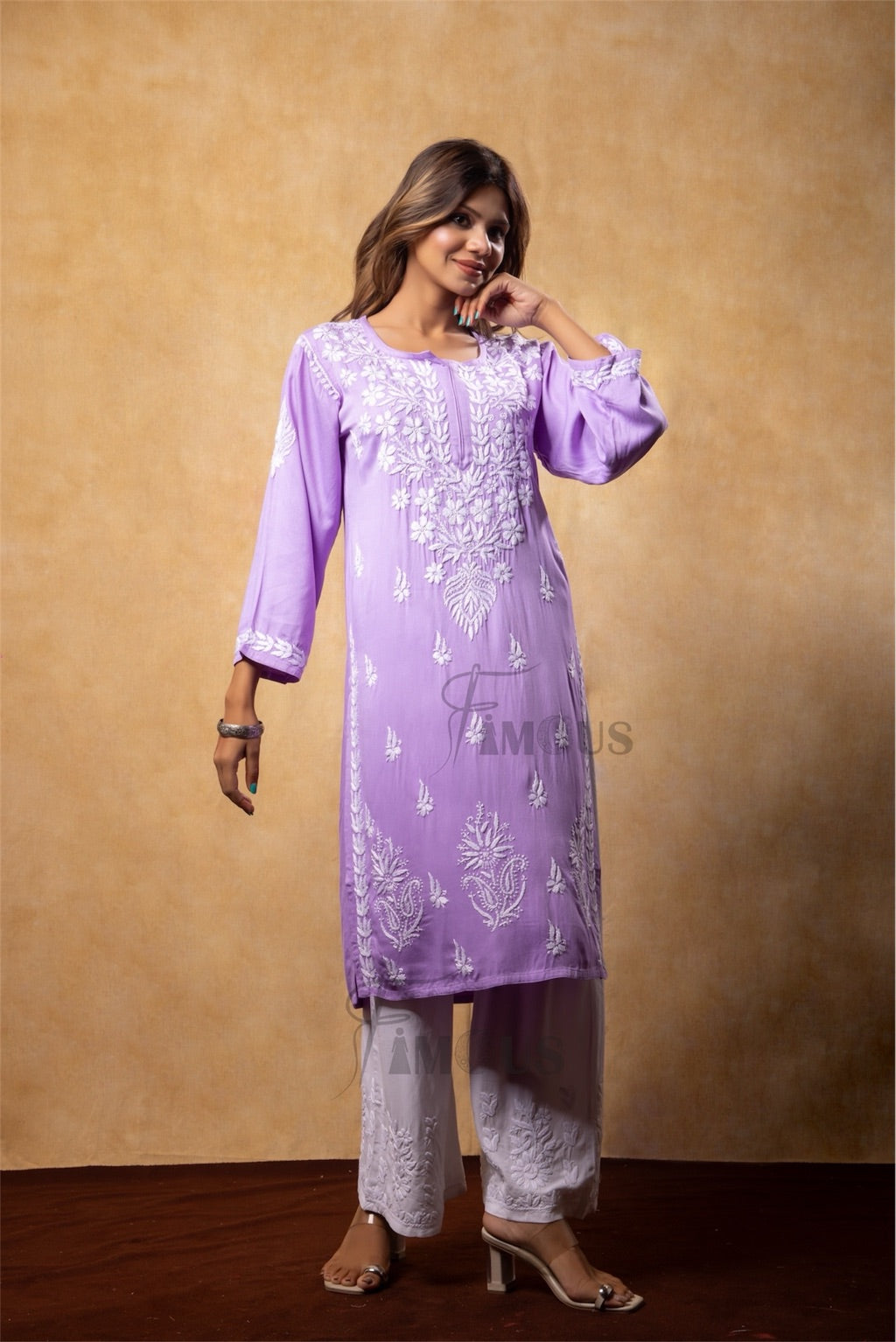 Lilac Chikankari Satin Reyon Long Kurti