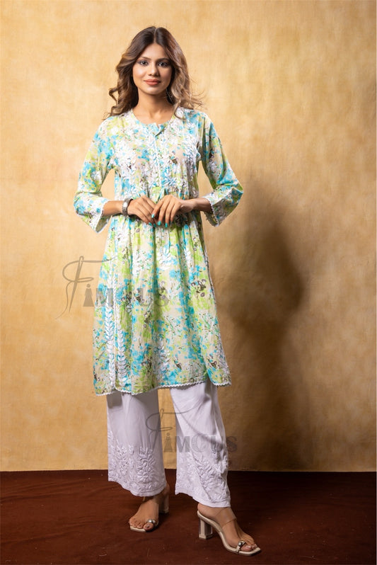 Green Floral Print Chikankari Naira Kurti - Famous Chikankari