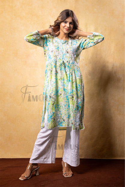Green Floral Print Chikankari Naira Kurti - Famous Chikankari