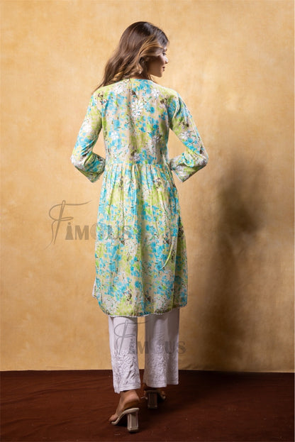 Green Floral Print Chikankari Naira Kurti - Famous Chikankari