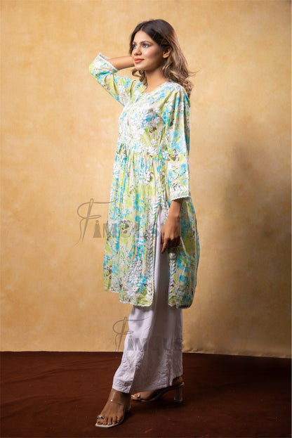 Green Floral Print Chikankari Naira Kurti - Famous Chikankari