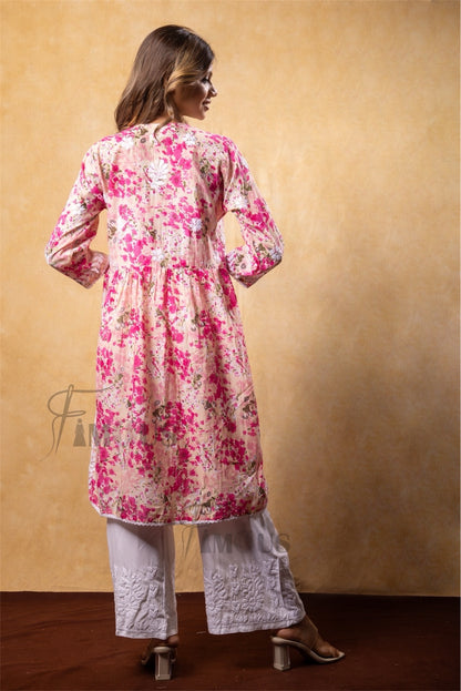 Pink Floral Print Chikankari Naira Kurti - Famous Chikankari