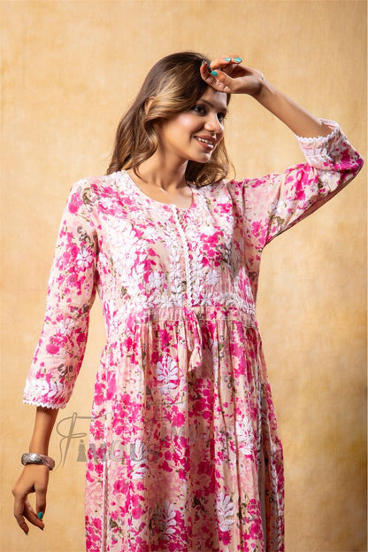 Pink Floral Print Chikankari Naira Kurti - Famous Chikankari