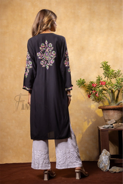 Nargis Chikankari Multi Embroidered Long Kurta - Black - Famous Chikankari