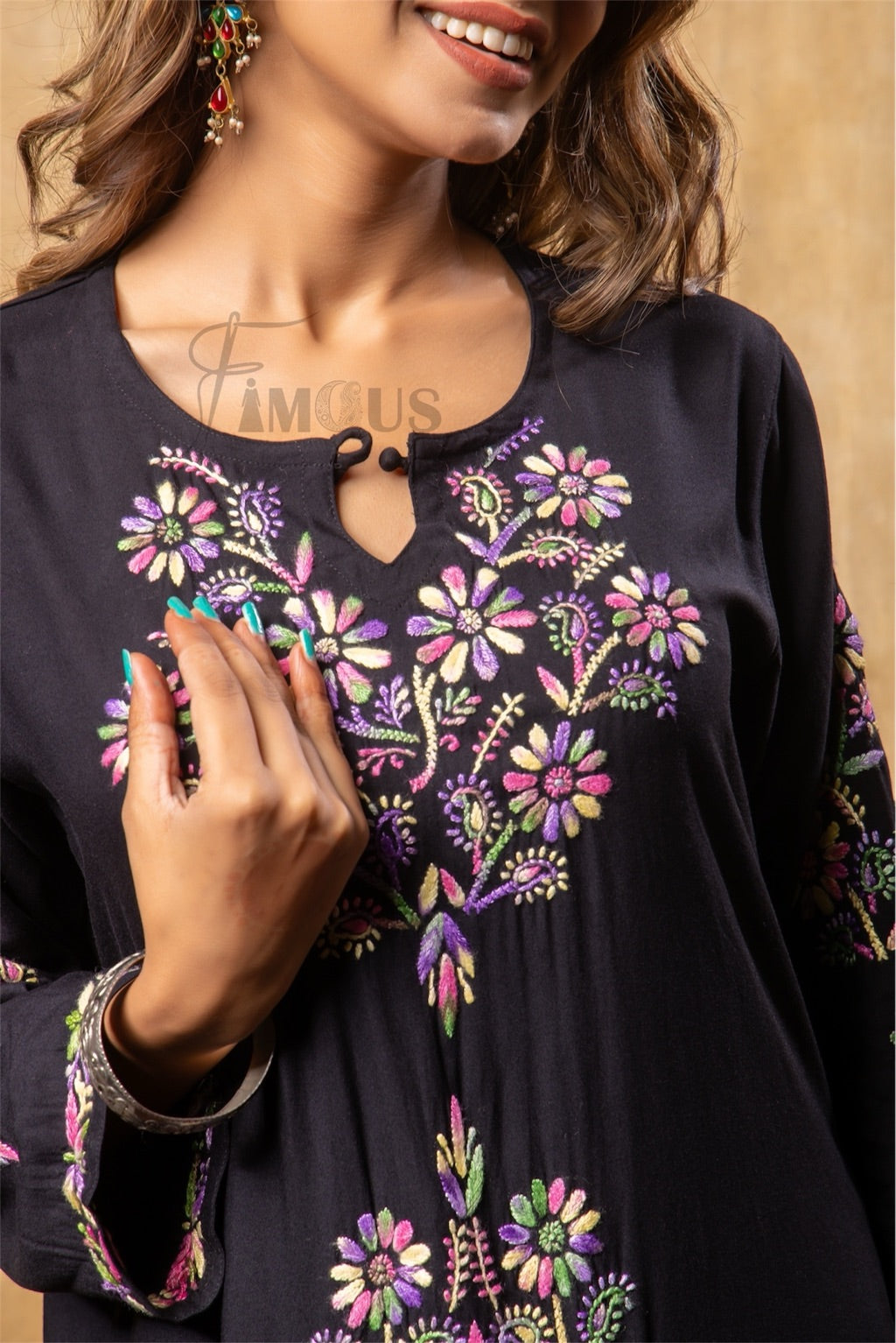 Nargis Chikankari Multi Embroidered Long Kurta - Black