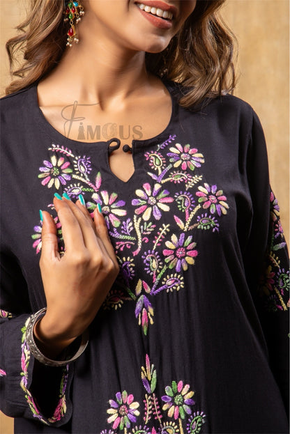 Nargis Chikankari Multi Embroidered Long Kurta - Black