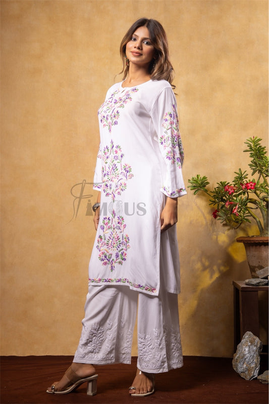 Nargis Chikankari Multi Embroidered Long Kurta - White - Famous Chikankari