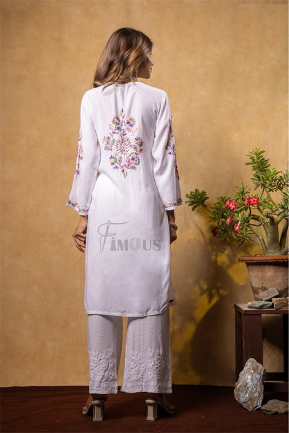 Nargis Chikankari Multi Embroidered Long Kurta - White - Famous Chikankari