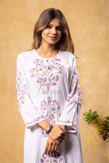 Nargis Chikankari Multi Embroidered Long Kurta - White - Famous Chikankari