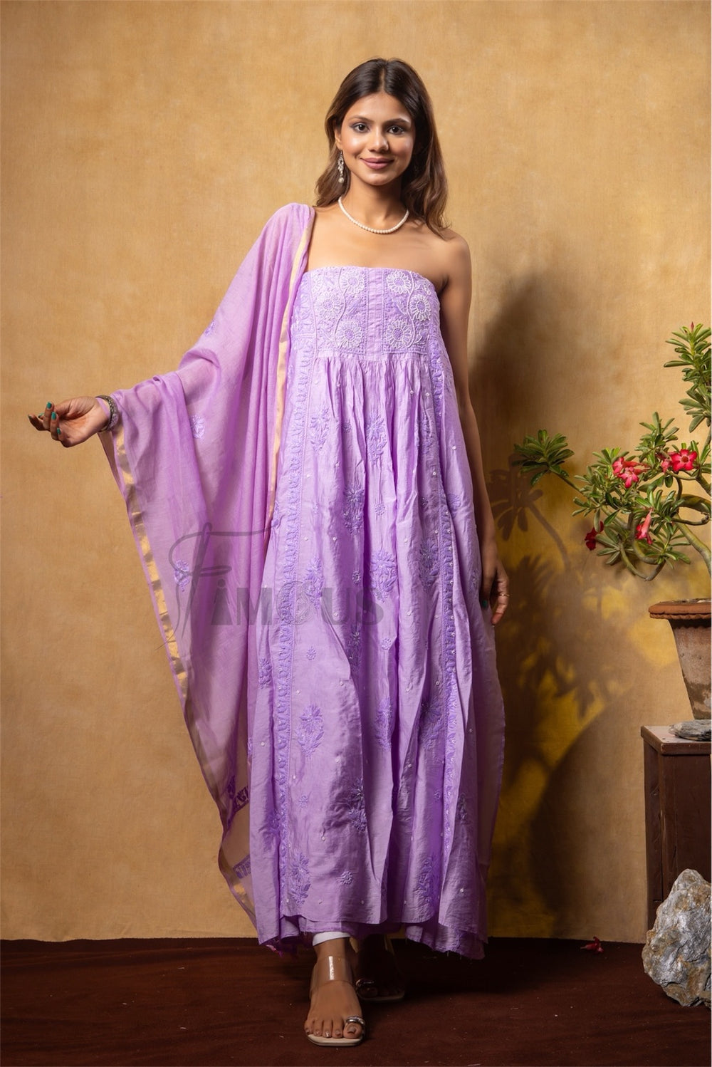 Lilac Elegant Chikankari Semi-Stitched Gown With Dupatta - Famous Chikankari