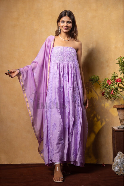 Lilac Elegant Chikankari Semi-Stitched Gown With Dupatta - Famous Chikankari