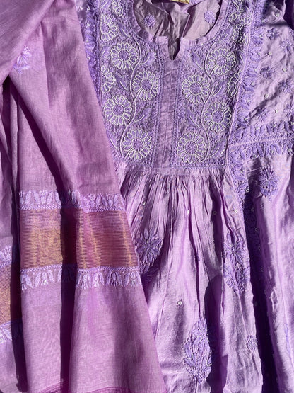 Lilac Elegant Chikankari Semi-Stitched Gown With Dupatta - Famous Chikankari