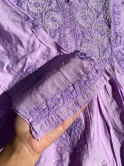 Lilac Elegant Chikankari Semi-Stitched Gown With Dupatta - Famous Chikankari