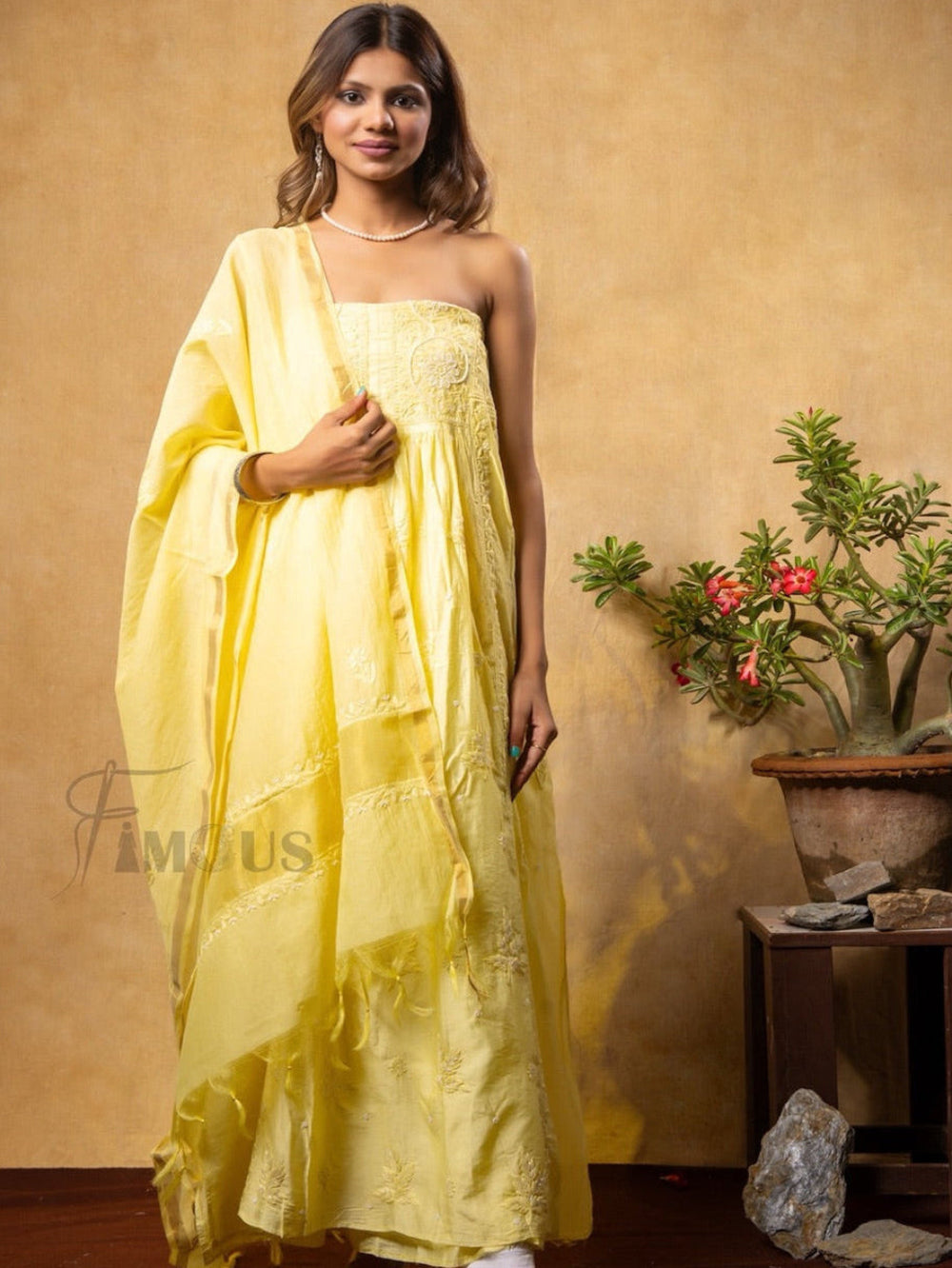 Yellow Elegant Chikankari Semi-Stitched Gown With Dupatta - Famous Chikankari