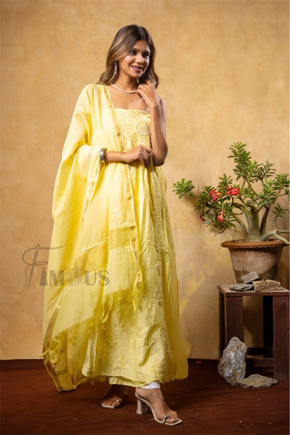 Yellow Elegant Chikankari Semi-Stitched Gown With Dupatta - Famous Chikankari