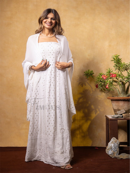 Premium Chikankari With Mukaish Anarkali And Dupatta Set - Famous Chikankari