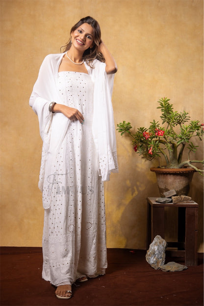 Premium Chikankari With Mukaish Anarkali And Dupatta Set - Famous Chikankari
