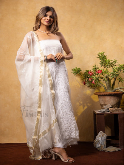 Premium Chikankari White Organza Kurta Dupatta Set - Famous Chikankari