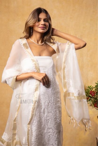 Premium Chikankari White Organza Kurta Dupatta Set - Famous Chikankari