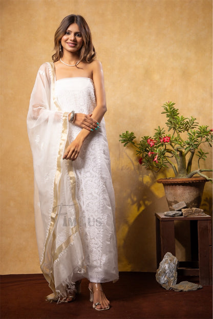 Premium Chikankari White Organza Kurta Dupatta Set - Famous Chikankari