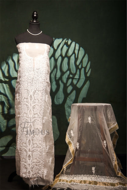 Premium Chikankari White Organza Kurta Dupatta Set - Famous Chikankari