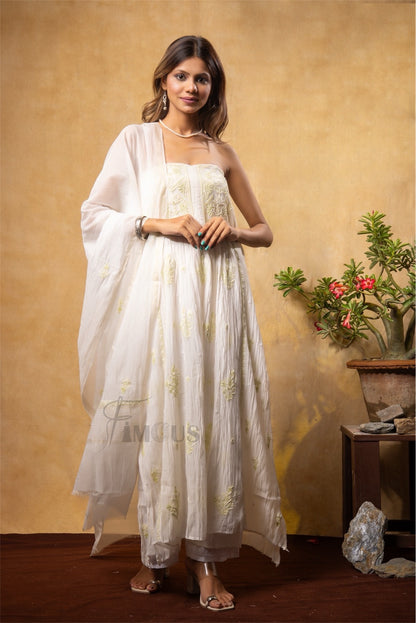 Off White Chikankari and Zardozi Semi-Stitched Gown With Dupatta - Famous Chikankari